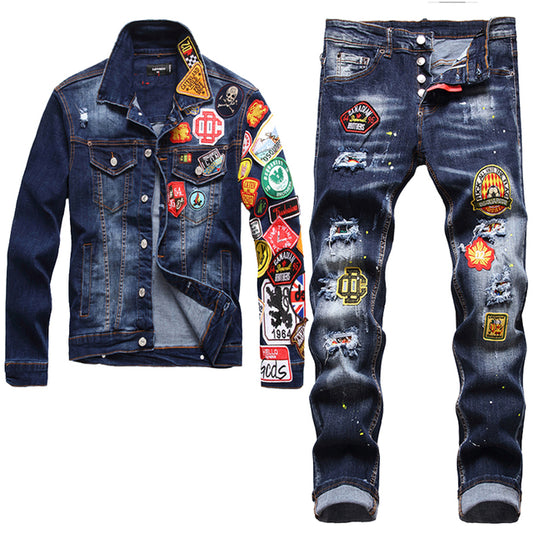 Men's Autumn and Winter Slim Embroidered Badge Denim Jacket + Stretch Jeans