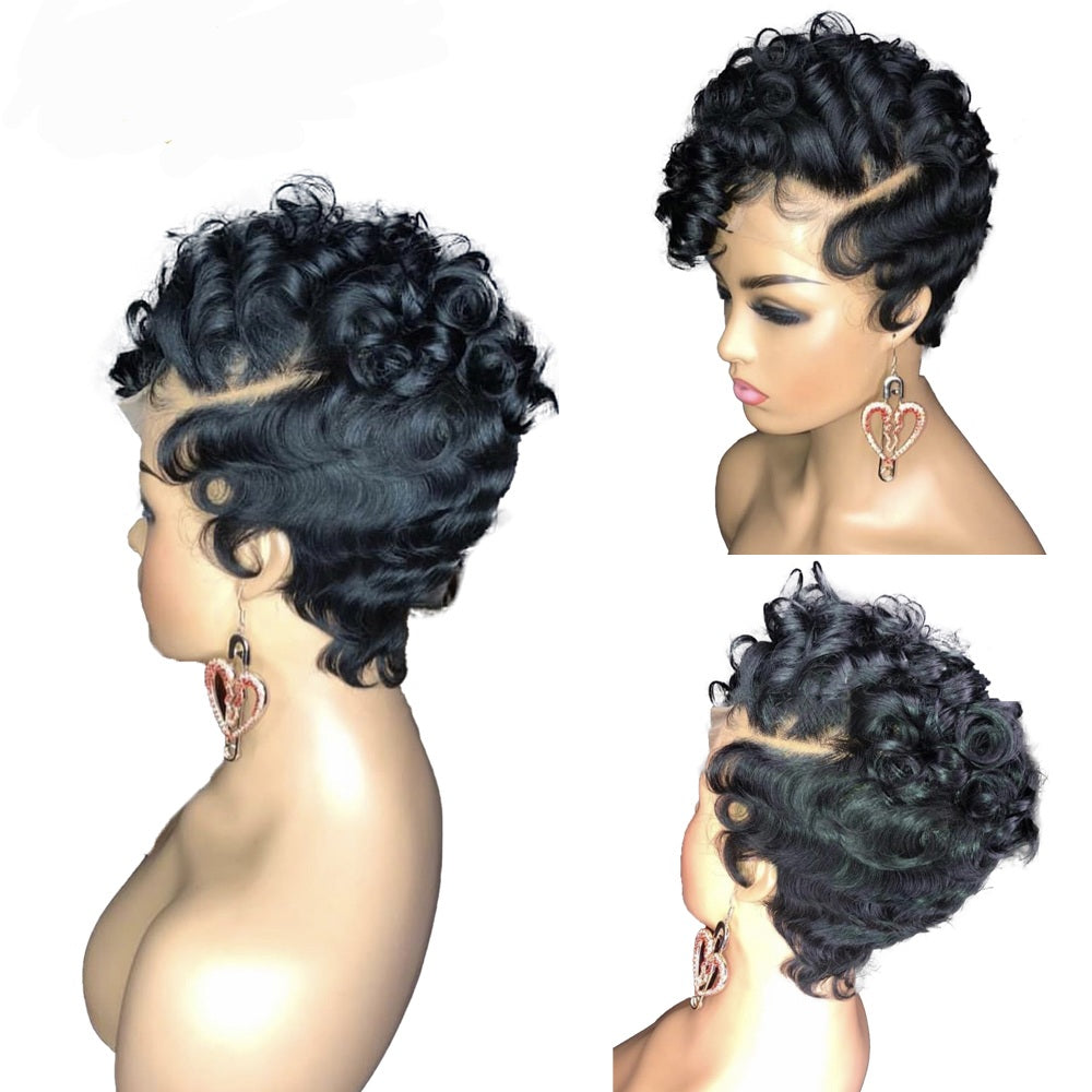 New Pixie Cut Short Curly Human Hair Wigs Lace Front Human Hair Wig