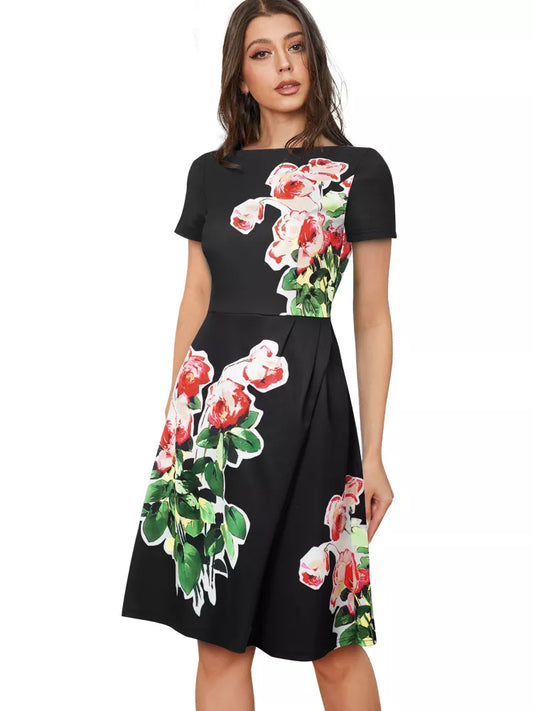 Women Elegant Floral Print Patchwork Backless Dresses