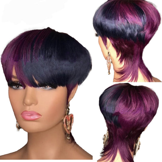 Ombre Highlight Rose Purple Color Human Hair Wigs Pixie Short Cut Bob Wigs