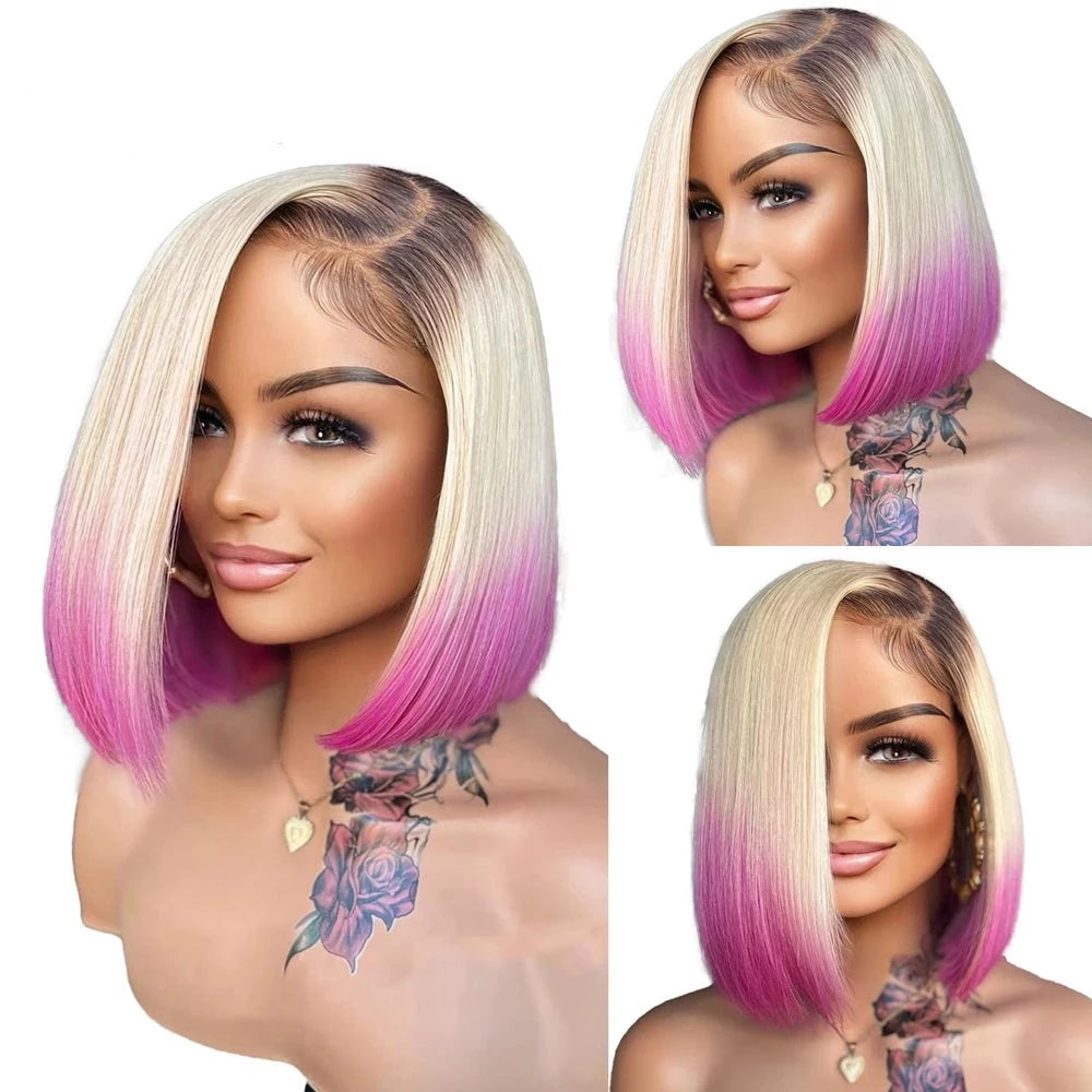 13x6x1 T Part Wig Ombre Purplish Red Straight Bob Wigs Transparent Lace Front Wigs