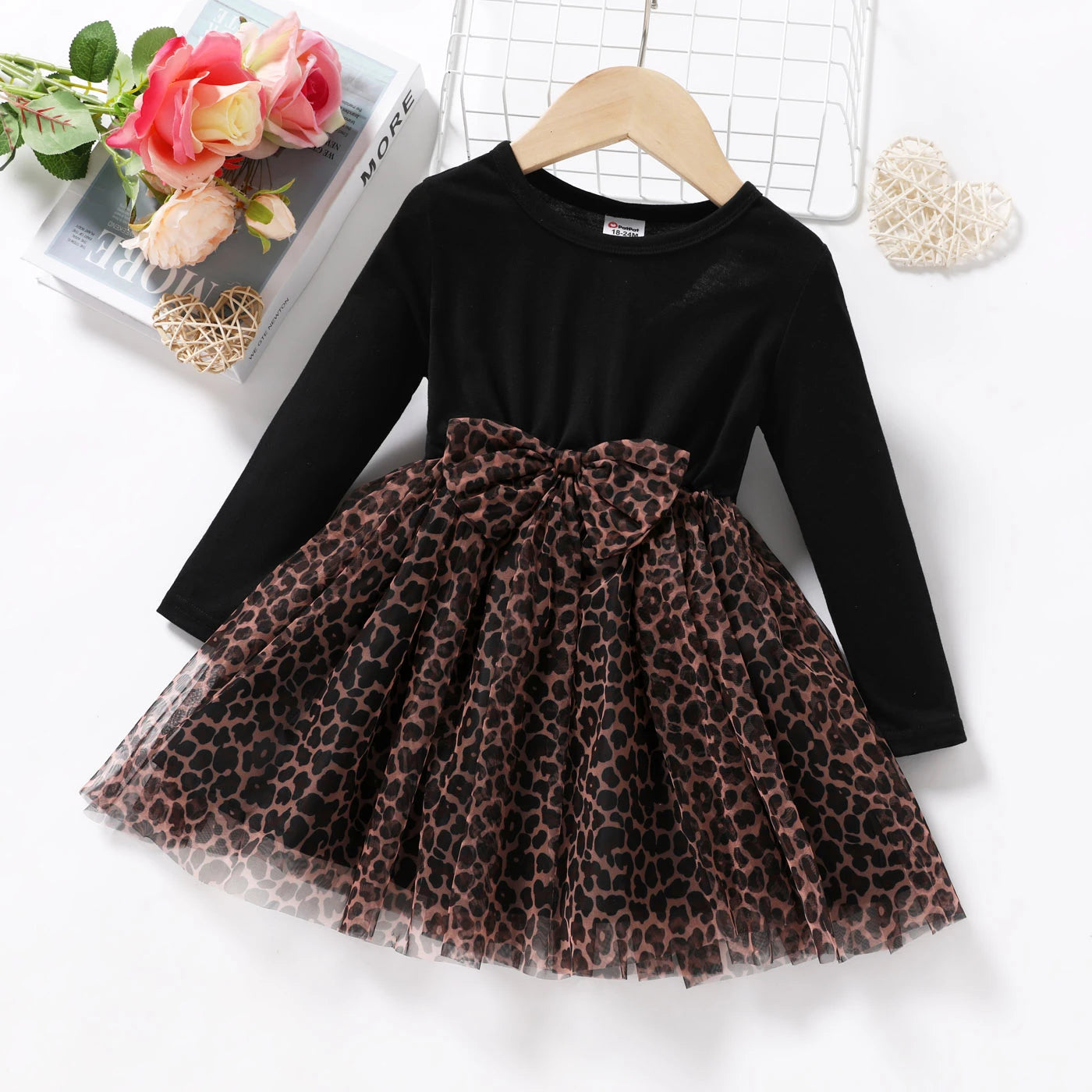Leopard Print Mesh Splice Bowknot Design Long-sleeve Dress