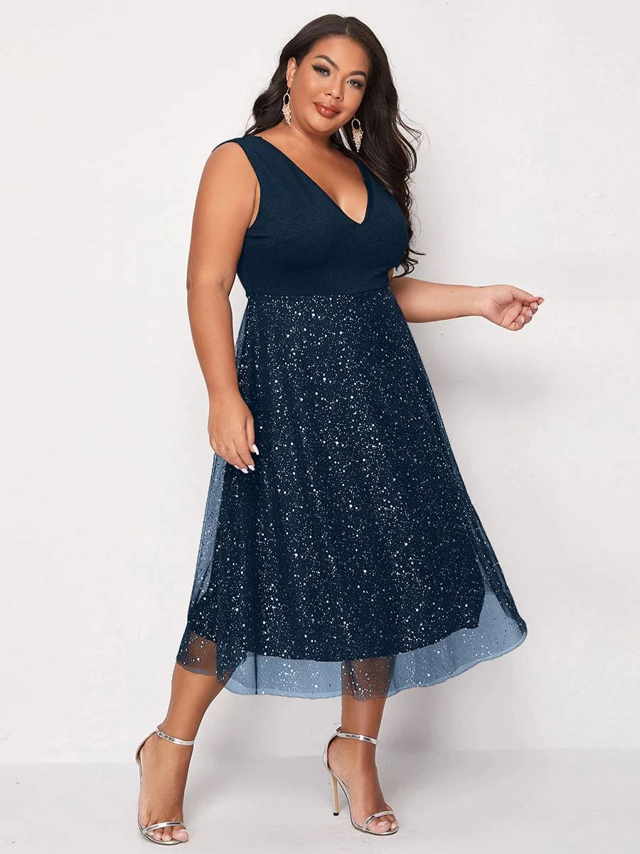 Women Blue Elegant Midi Curvy Chiffon