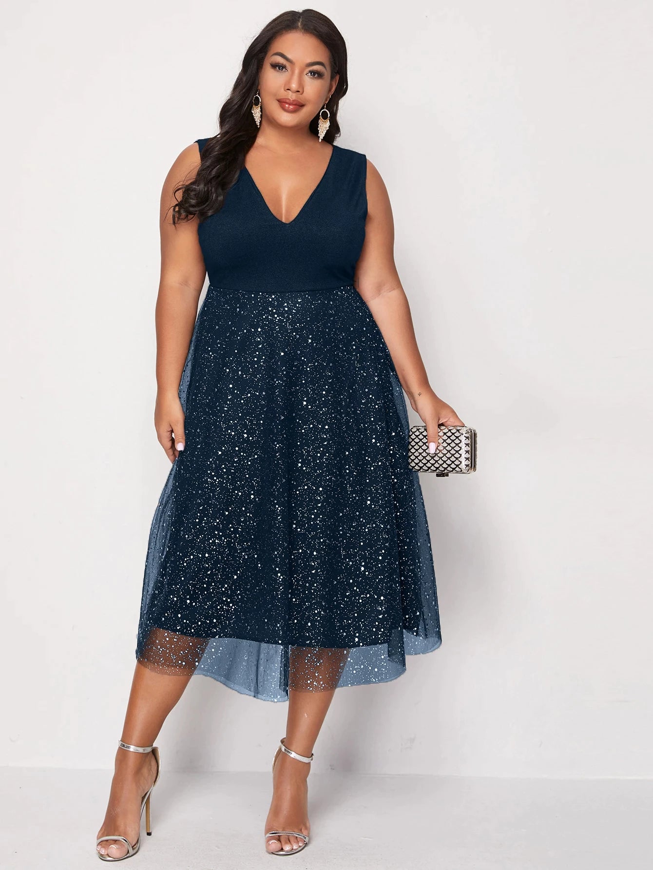 Women Blue Elegant Midi Curvy Chiffon