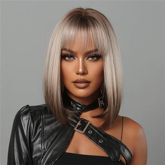 Short Straight Synthetic Wigs Brown Ombre with Bangs Wigs