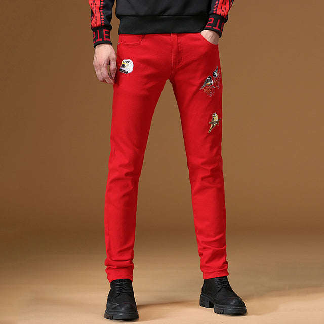 Men's Casual Personality Long Pants Stretch Fashion Bird Embroidery Jeans Cotton Denim Yellow Red Trousers