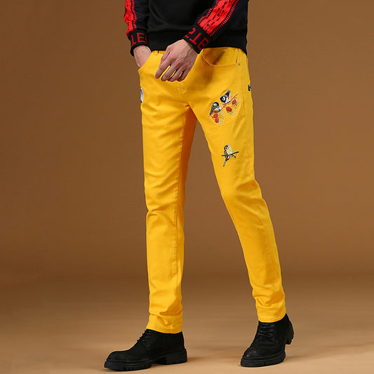 Men's Casual Personality Long Pants Stretch Fashion Bird Embroidery Jeans Cotton Denim Yellow Red Trousers