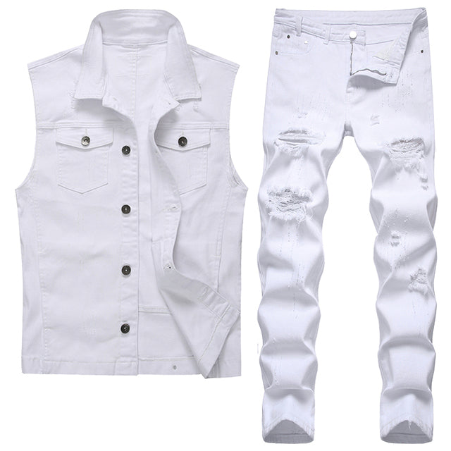 Men's Vest and Jeans 2pcs Sets Ripped Hole Slim-fit Denim Waistcoat + Pants