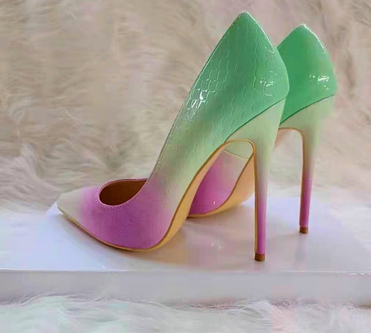 Gradient Mint Pink Women Crocodile Effect Pointy Toe High Heel Shoes