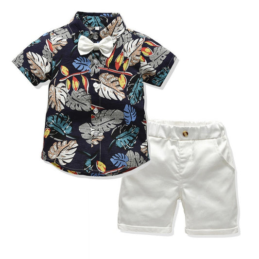 Short Sleeve Printed Shirt+Shorts Gentleman 2Pcs Suit Kids Boys Clothes Sets