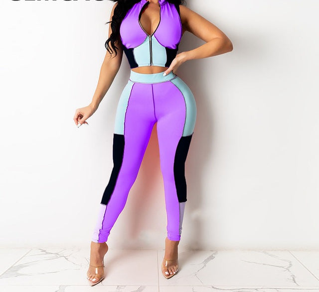 Women Two Piece Summer Fitness Suits Sleeveless Zipper Crop Top & Skinny Pants Set