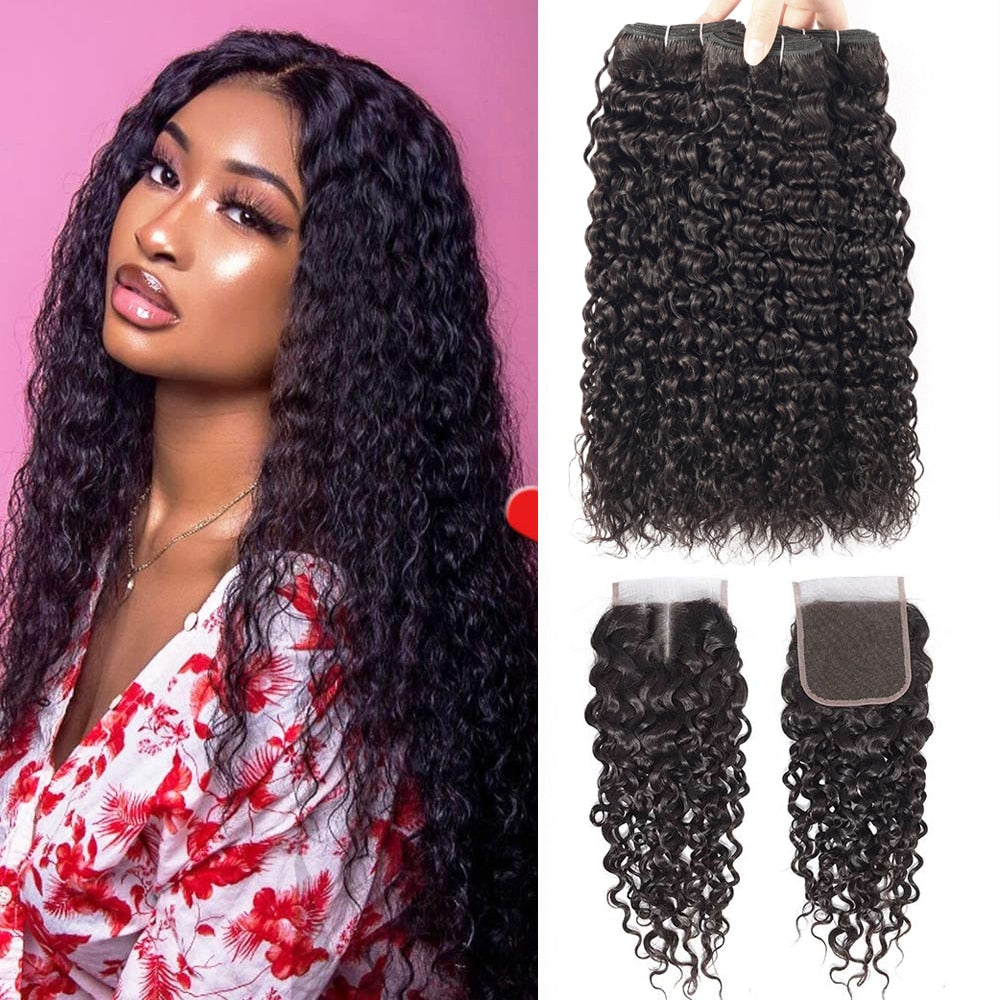 Water Wave Brazilian Human Hair Bundles With Closure