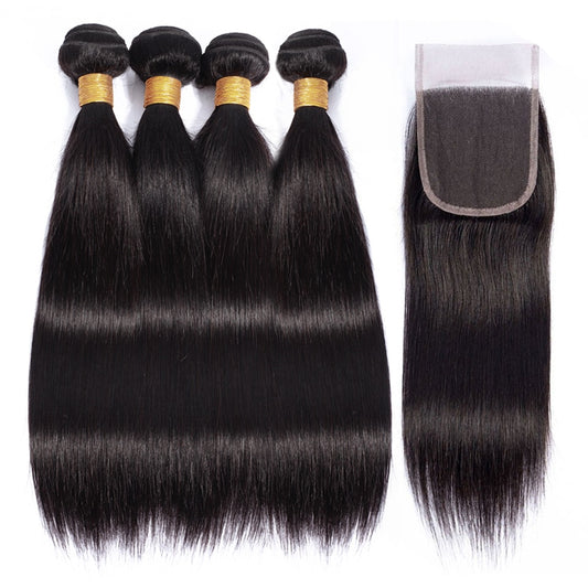 Straight Brazilian Human Hair Bundles With Closure