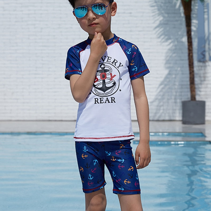 Boy Swimwear 2pcs Swim Suit With Cap Short Sleeve Bodysuit