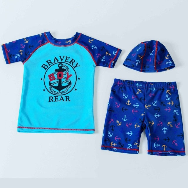 Boy Swimwear 2pcs Swim Suit With Cap Short Sleeve Bodysuit