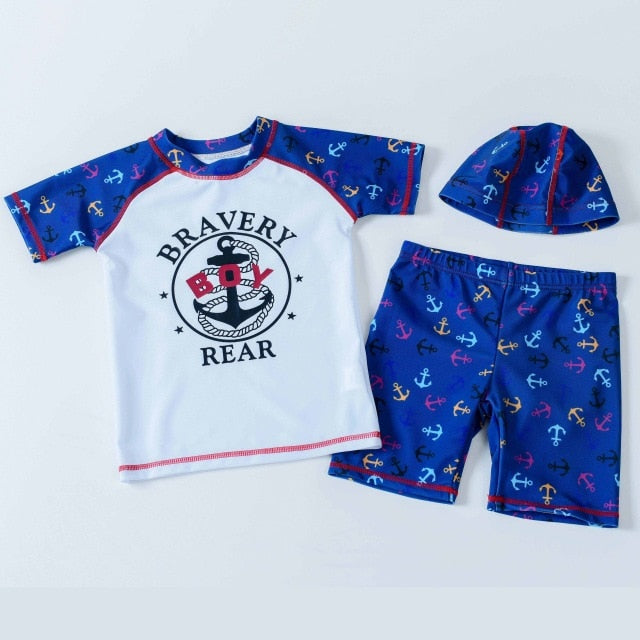 Boy Swimwear 2pcs Swim Suit With Cap Short Sleeve Bodysuit