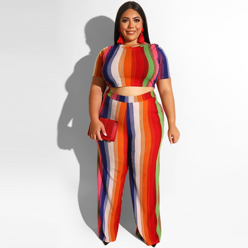 Multicolor Striped 2 Piece Set Tops And Pants Tracksuit Set