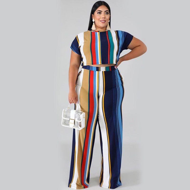 Multicolor Striped 2 Piece Set Tops And Pants Tracksuit Set