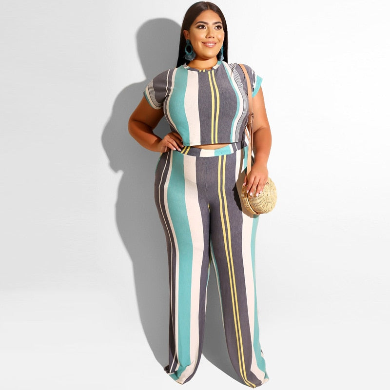 Multicolor Striped 2 Piece Set Tops And Pants Tracksuit Set