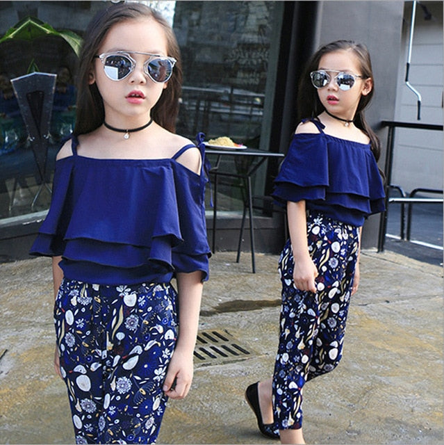 Children Off Shoulder Tops Floral Pants 2Pcs Kids Outfits Girl Clothes