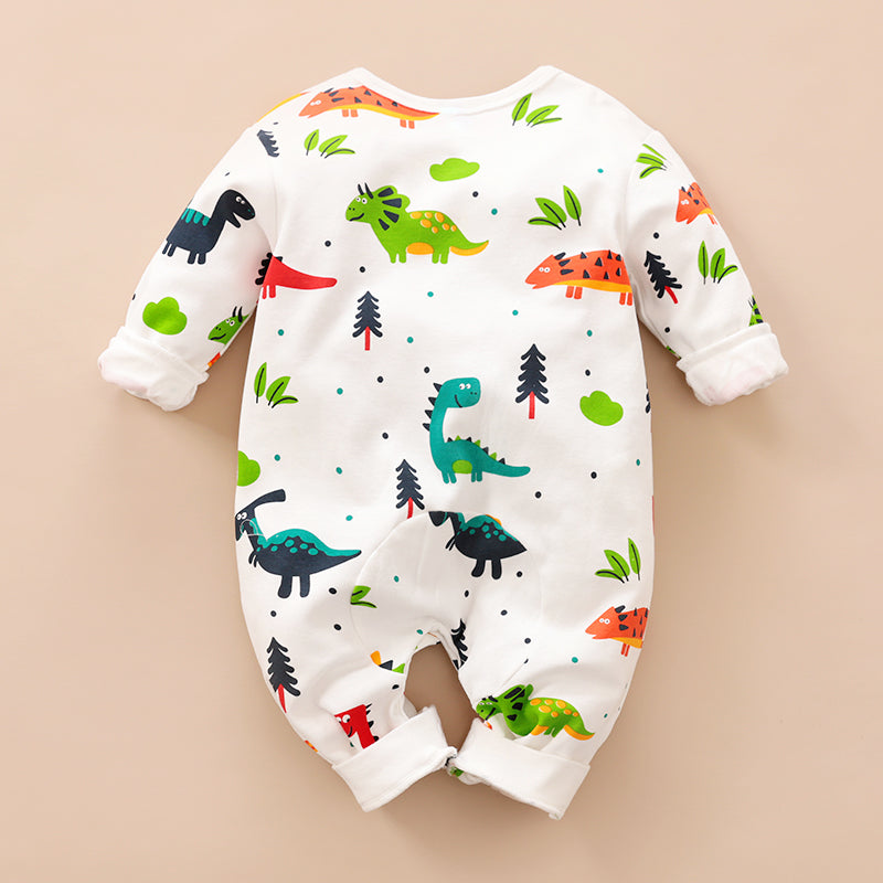 Adorable Dinosaur Pattern Long Sleeve Snap-up Jumpsuit