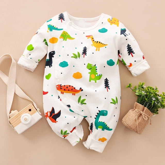 Adorable Dinosaur Pattern Long Sleeve Snap-up Jumpsuit