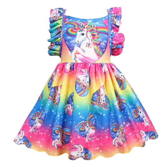 Kids Floral Rainbow Dress Unicorn Party Girls Princess Dresses