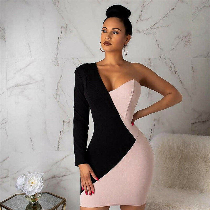 Bodycon Bandage One Shoulder Party Patchwork Elegant Dress