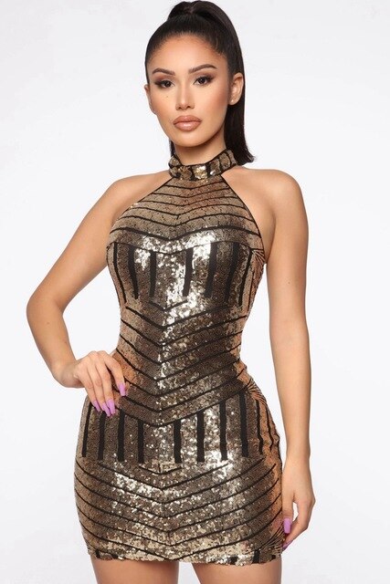 Women Sexy Backless Black and Gold Sequin Turtleneck Sleeveless Dress