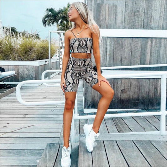 Snake Skin Print Two Piece Set Casual Shinny Tube Top Shorts