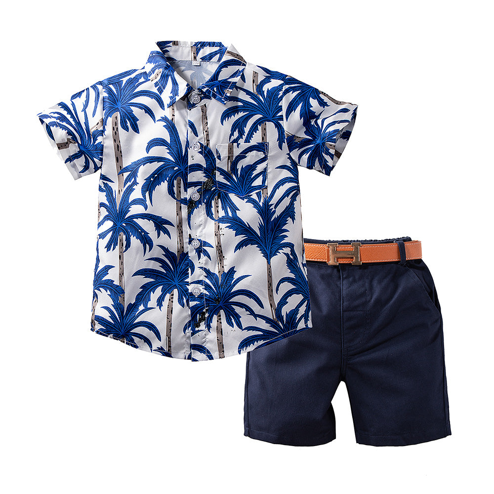 Hawaiian Style Short Sleeve Button Down Shirt + Short Pants + Waist Band Suits