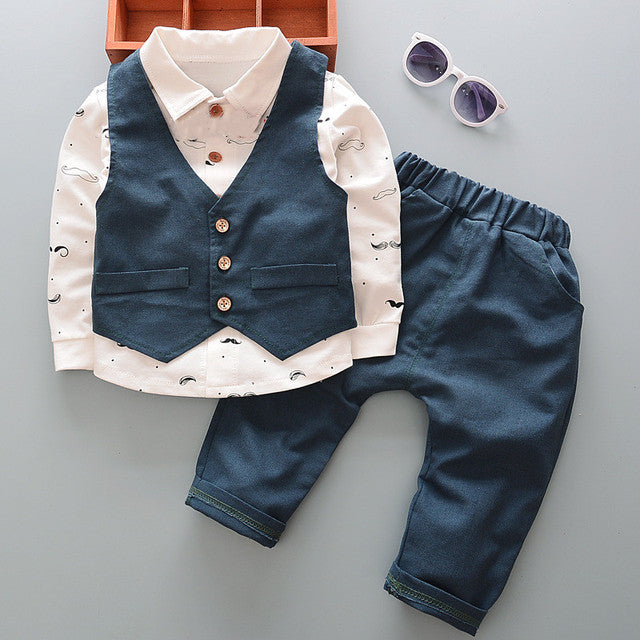 Spring and Autumn Baby Boy Gentle Shirt Top and Solid Pants Set