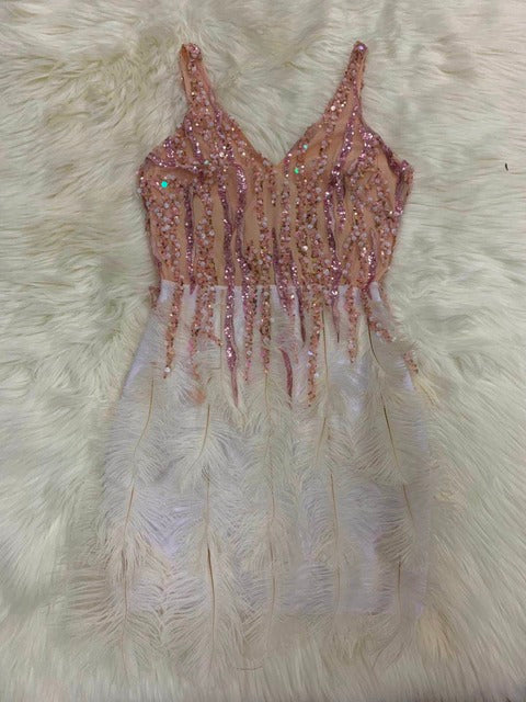 High Quality Pink White V-neck Bodycon Rayon Bandage Dress
