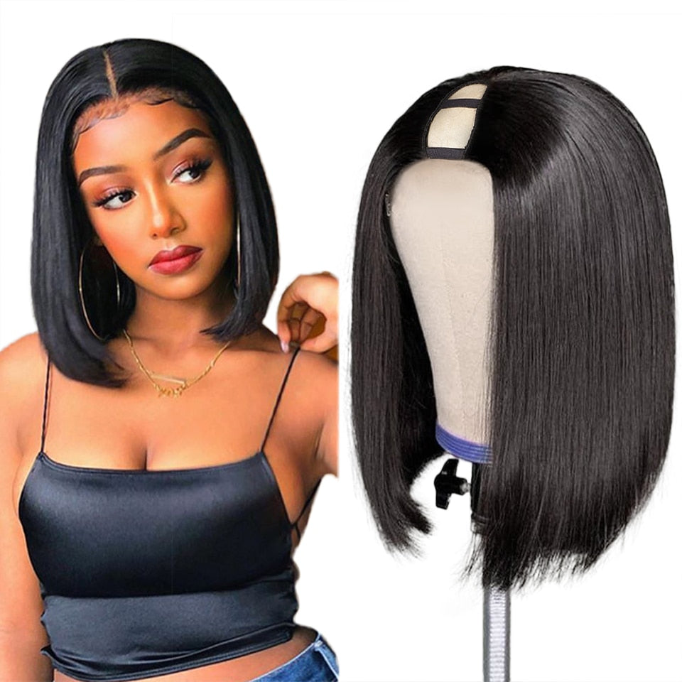 U Part Wig Straight Short Bob Human Hair Wig 180% Density Brazilian Remy Wigs