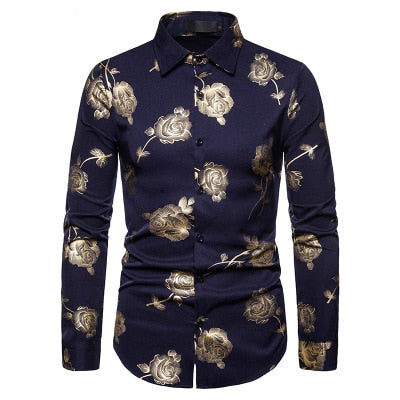 Men's Long Sleeve Shirt Hot Stamping Rose Shirt Slim Fit