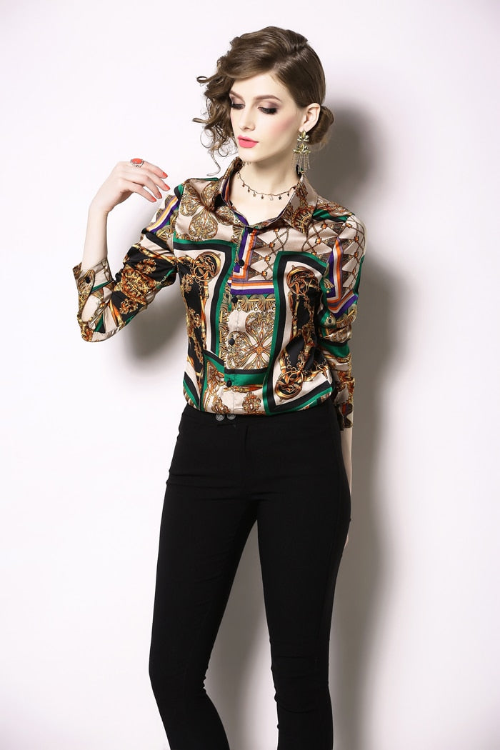 Women Turn-down Collar Printed Vintage blouse