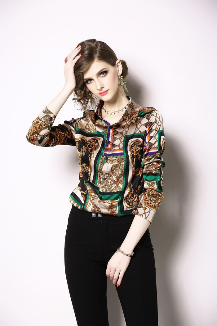 Women Turn-down Collar Printed Vintage blouse