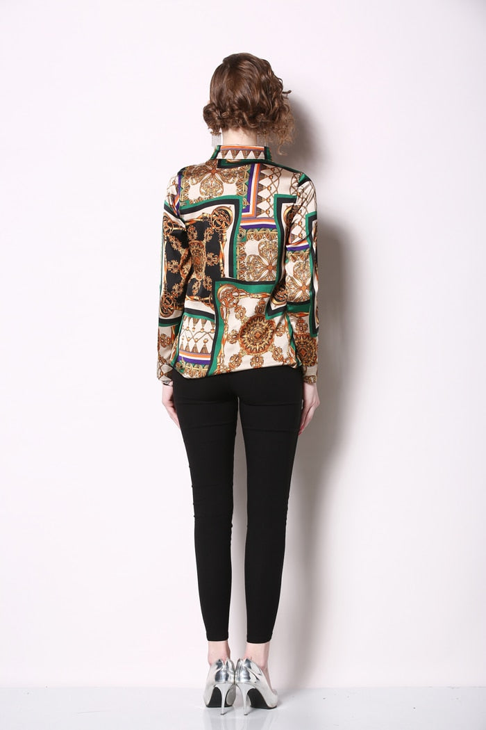 Women Turn-down Collar Printed Vintage blouse