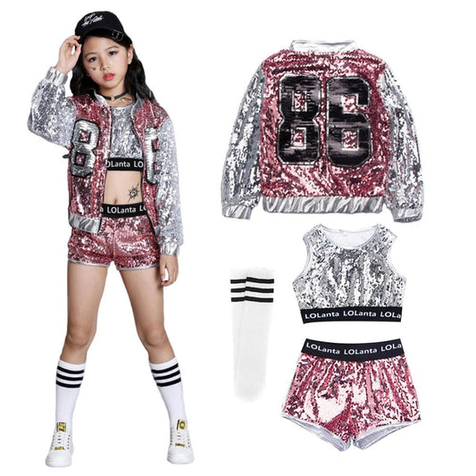 4-14 Years Girls Pink Sequin Crop Tops Shorts Jacket