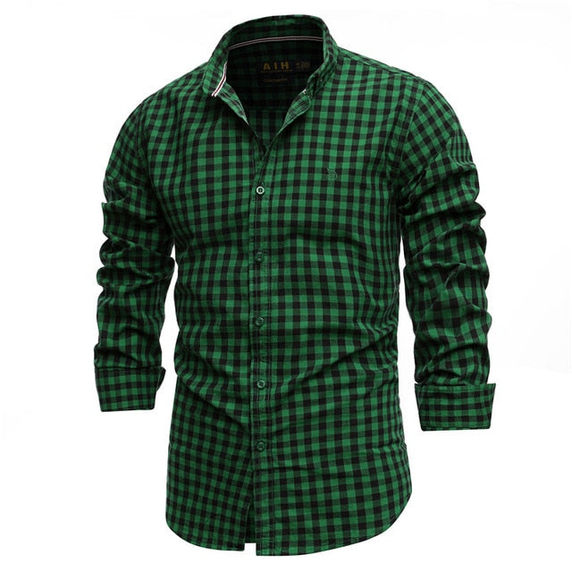 Men's  100% Cotton Plaid Shirt Casual Slim Fit Men Shirt Long Sleeve