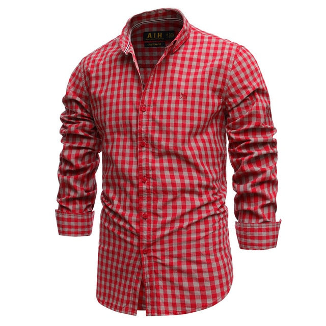 Men's  100% Cotton Plaid Shirt Casual Slim Fit Men Shirt Long Sleeve