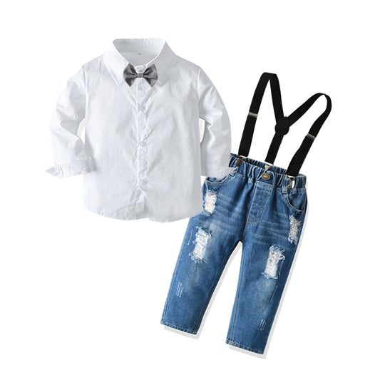 Boys Clothes Sets 2pcs Solid Long Sleeve Single Breasted Shirts Tops Denim Pants