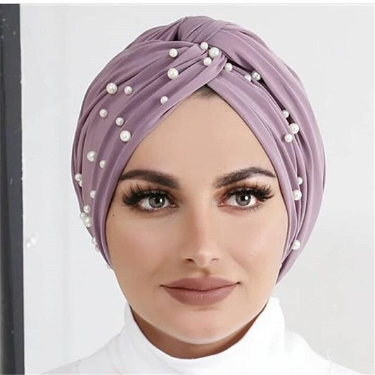 Women Elastic Velvet Pearls Turban Caps Islamic Hijab Bonnet