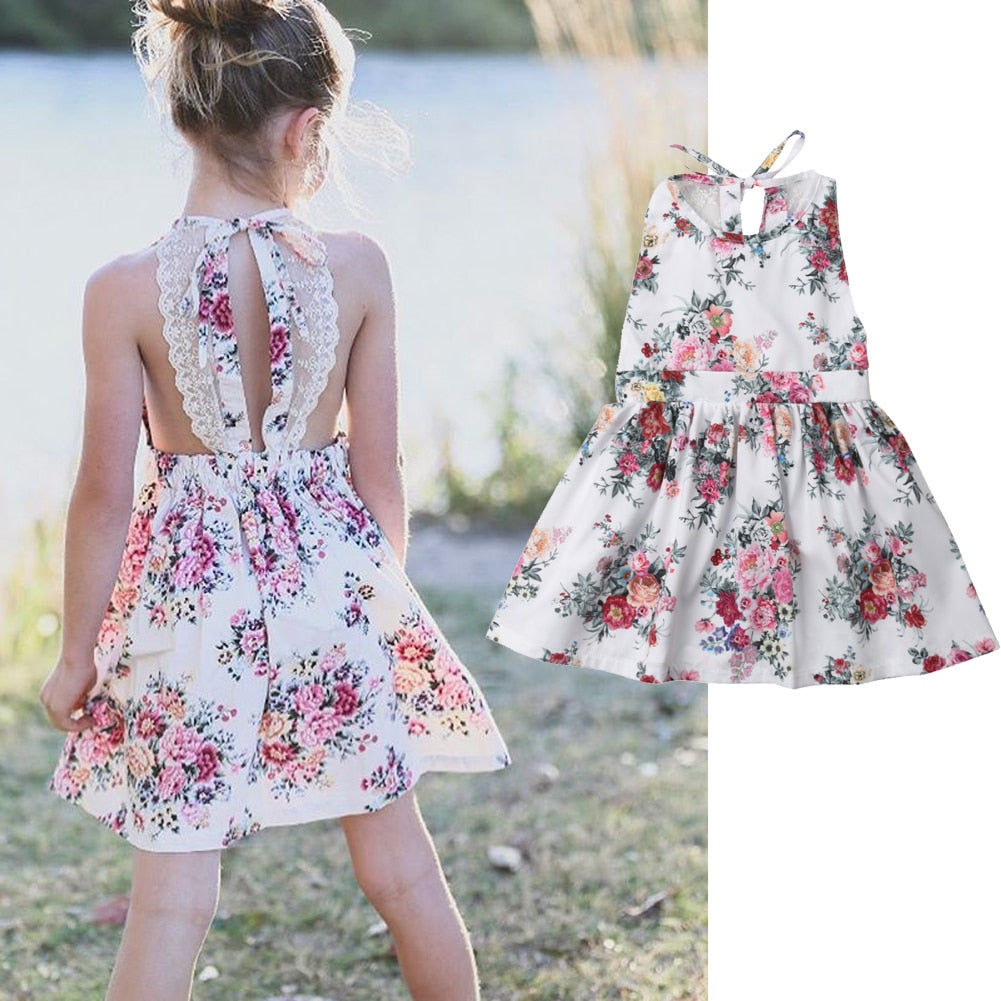 Girl Sleeveless Floral Printed Backless Party Princess Dresses