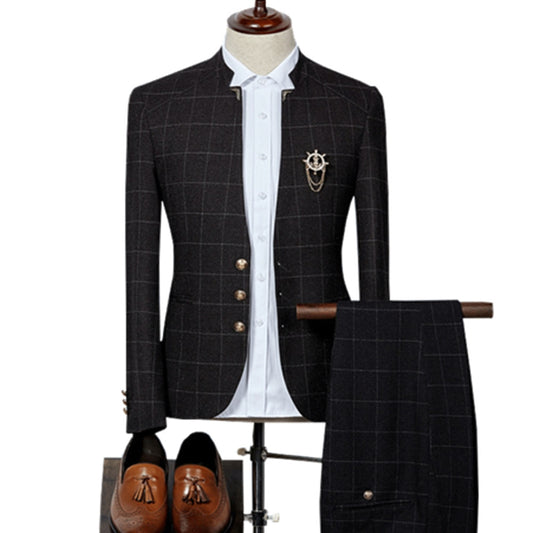 Blazer+ Pants Fashion Stand Collar Men's Plaid Suit Set