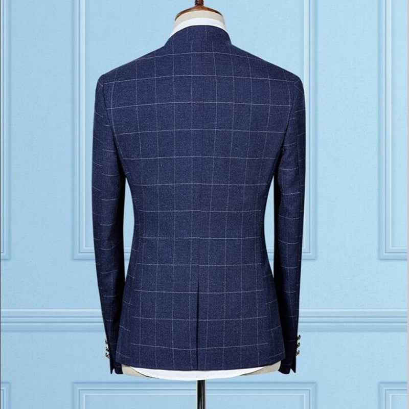 Blazer+ Pants Fashion Stand Collar Men's Plaid Suit Set