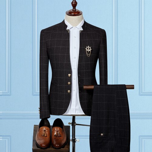 Blazer+ Pants Fashion Stand Collar Men's Plaid Suit Set
