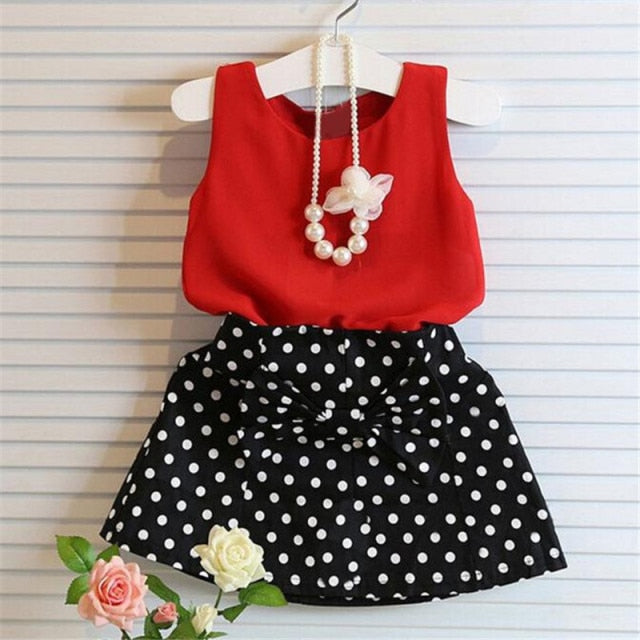 Dots Printed Clothing Sleeveless Vest Top + skirt Kids Two Sets Girl Clothes