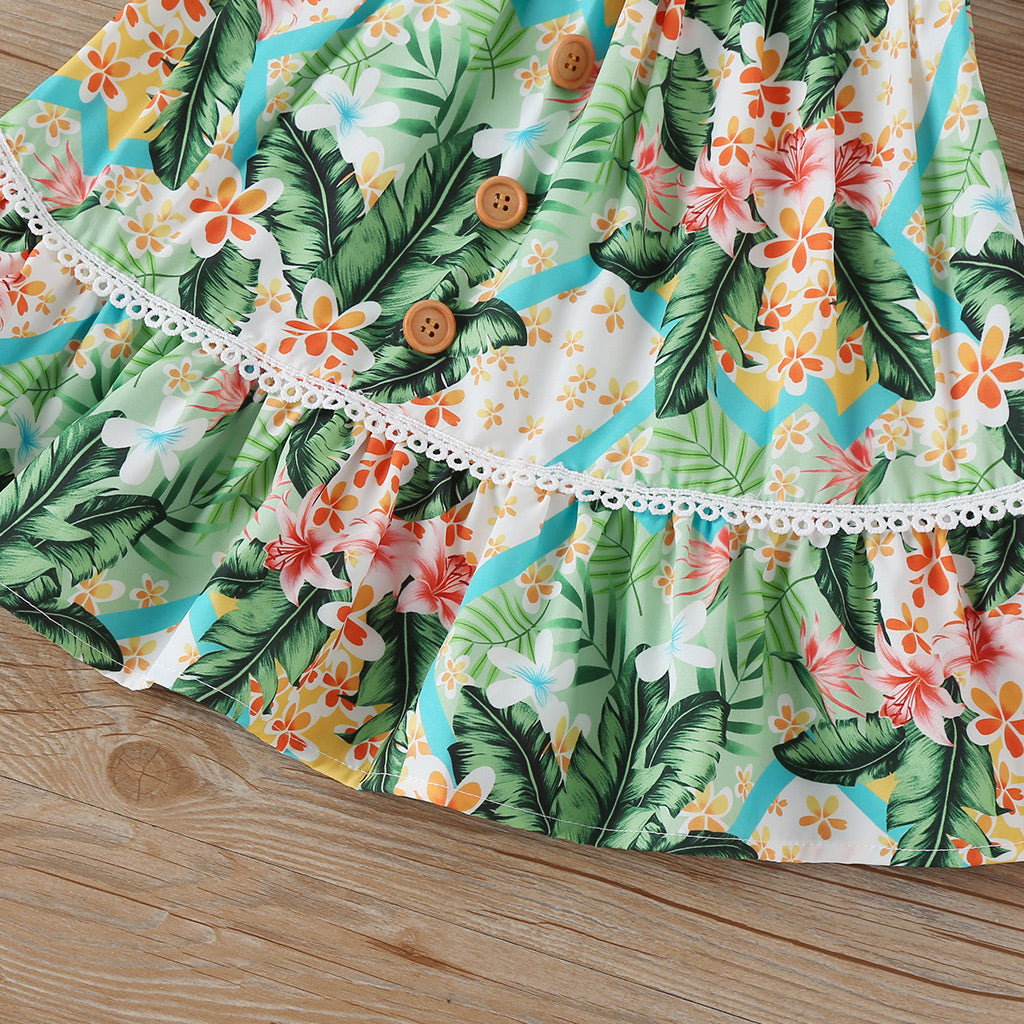 Flowers Print Ruffles Sleeveless Lace Vest Tops+Boho Skirts