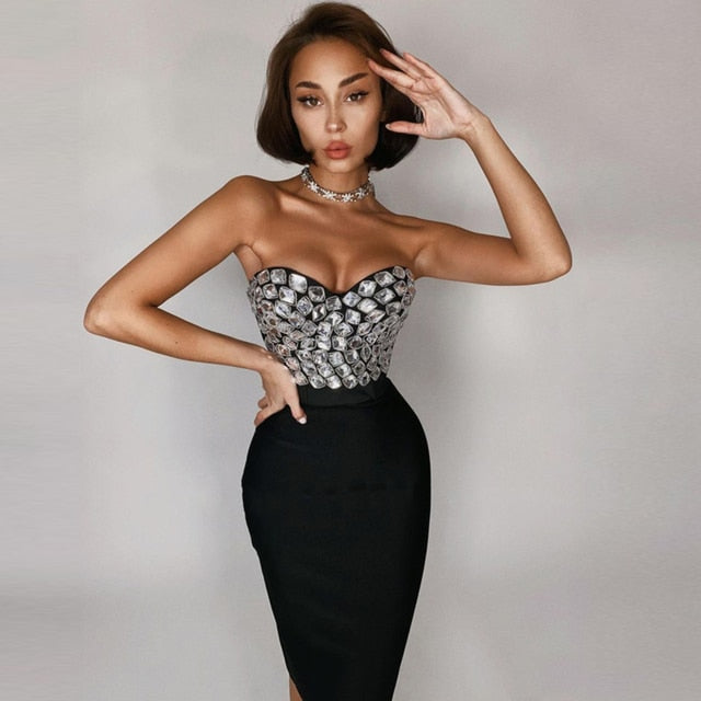 Two Pieces Sets Sleeveless Crystal Tops& Skirts Celebrity Runway Party Set